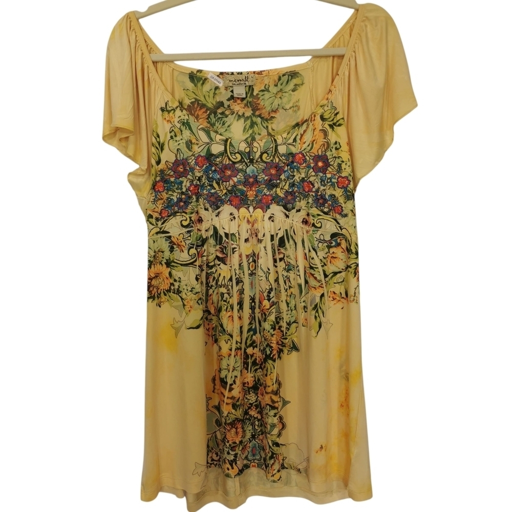 3/$20 One World Embroidered Yellow Flutter Sleeve Blouse Sz L Open To Offers